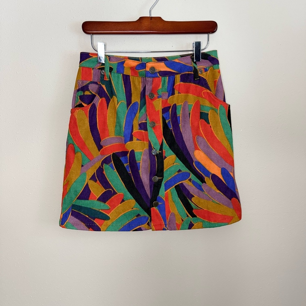 FARM Rio x Anthropologie Corduroy Mini Skirt Size S Button Front Tropical Print - Picture 3 of 8
